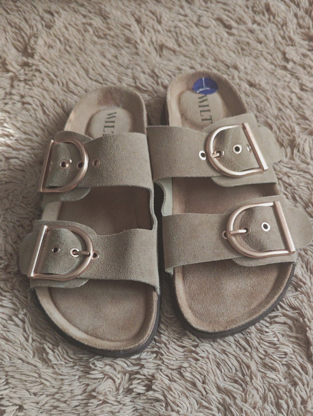 WILT Suede Leather Comfort Slides Sandals Women's Tan Adjustable Strap